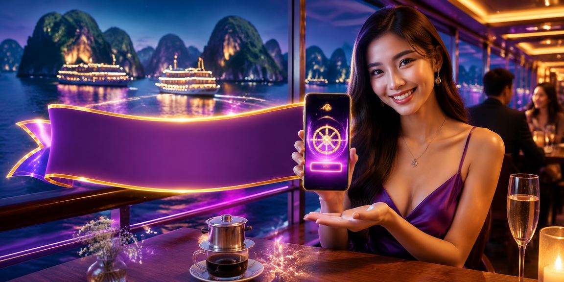 Người dùng trải nghiệm casino di động tại vịnh Hạ Long trong không gian cà phê ven biển